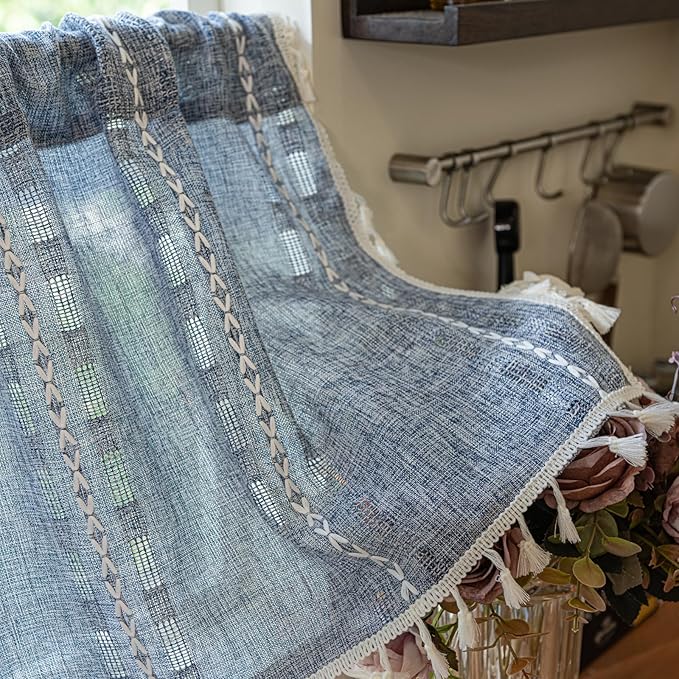 Deeprove Boho Valance Kitchen Short Curtain, Textured Striped Drape Semi Sheer Privacy Tier Embroidered Chic Window Treatment for Cafe Restaurant Closet, W52 x L18 inch Single 1 Panel Denim Blue