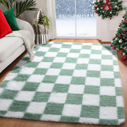 KICMOR 4x6 Rug for Bedroom Living Room, Fluffy Sage Green and White Checkered Area Rugs, Fuzzy Shag Shaggy Floor Carpet Soft Plush Checkerboard Rug for Children Kids Boys Room, Nursery, Classroom