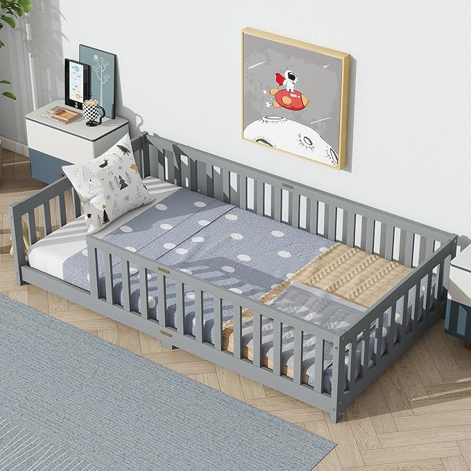 Twin Size Montessori Floor Bed for Kids,Twin Floor Bed Frame with Slats,Solid Wood Twin Bed Frame for Girls Boys,Grey