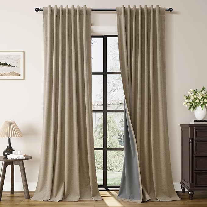 Guken Khaki Linen Blackout Curtains for Living Room 102 Inches Long Natural Linen Room Darkening Black Out Thermal Insulated Soundproof Back Tab Hook Belt Bedroom Patio Door Farmhouse Drapes 52x102