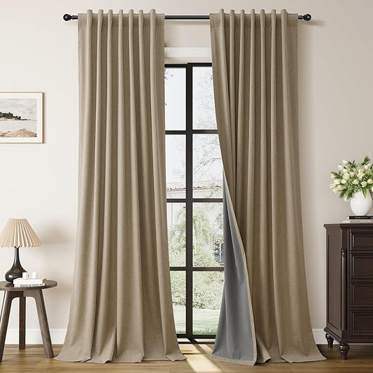 Guken Khaki Linen Drapes 100% Blackout Curtains for Living Room Bedroom 96 Inches Long 2 Panels Farmhouse Textured Room Darkening Thermal Insulated Back Tab Hook Belt Patio Door 52x96 8Ft