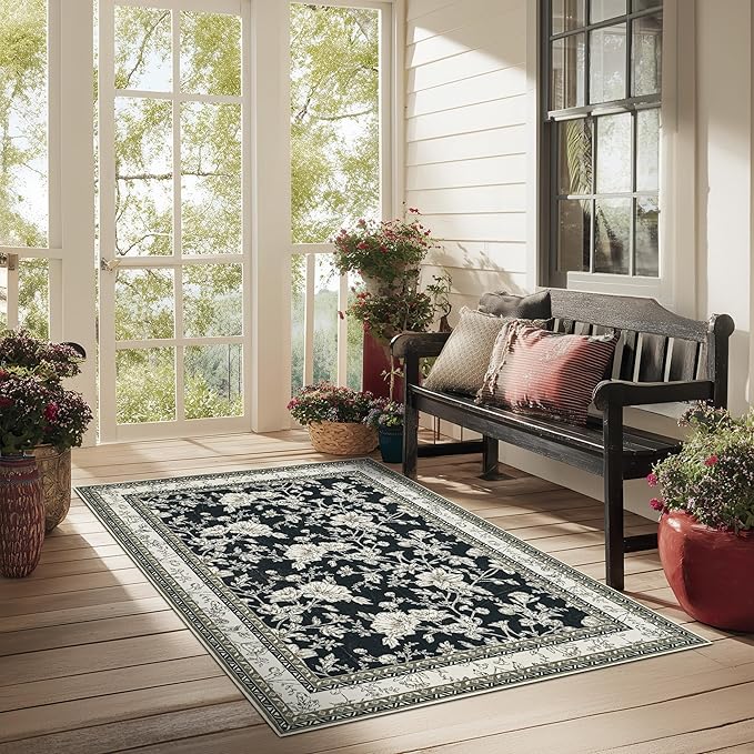 3x5 Black Floral Area Rug for Entryway Soft Washable Modern Boho Farmhouse Rug Non-Slip Taupe Beige Sketch Style Flower Vintage Aesthetic Carpet for Dorms, Bedroom, Office, Dining Room Door Mat 3x5
