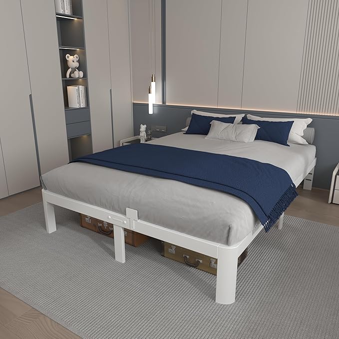 10 Inch Full Size Bed Frame, White Bed Frame Full with Metal Gaskets, No Box Spring Needed, Rounded Corner Design, Heavy Duty Steel Platform Support,Reserved Holes, Noiseless, Storage Space