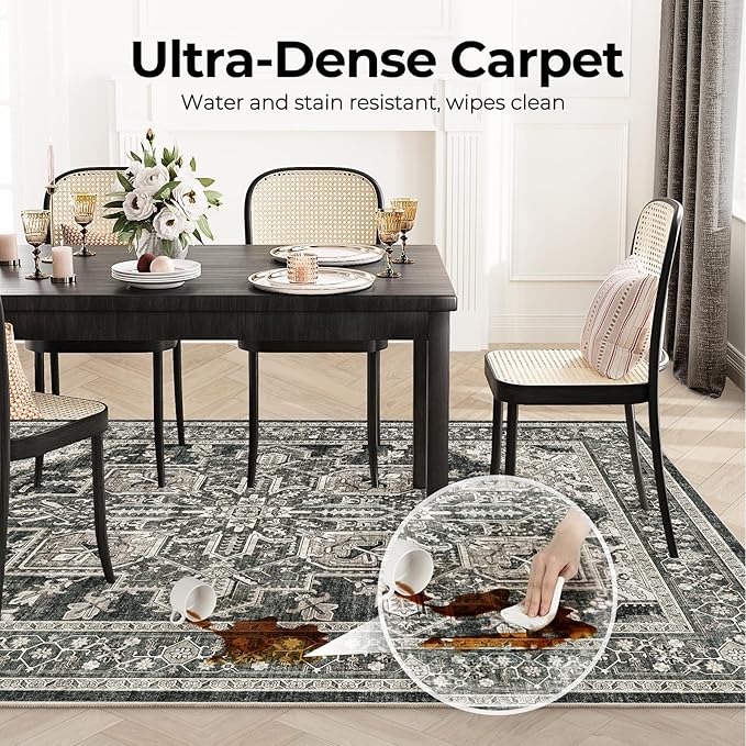 WITSHOCK Living Room Area Rugs 5x7: Washable Rug Boho Soft Non-Slip Low Pile Stain Resistant Foldable Carpet for Bedroom Playroom Dining Room Office Kitchen Farmhouse Home Decor Rug-Bitter Black