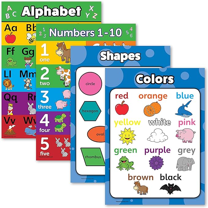 Palace Learning 4 pack - ABC Alphabet + Numbers 1-10 + Shapes + Colors Poster Set - Toddler Educational Charts (LAMINATED, 18" x 24")