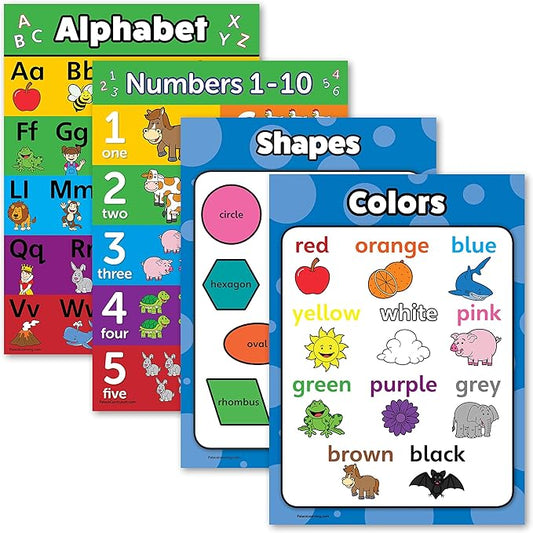 Palace Learning 4 pack - ABC Alphabet + Numbers 1-10 + Shapes + Colors Poster Set - Toddler Educational Charts (LAMINATED, 18" x 24")