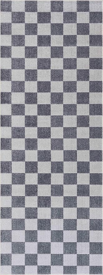 BoutiqueRugs Alia Gray Checkered Area Rug - Machine Washable - Ivory, Blue, Gray - 6'7" Round