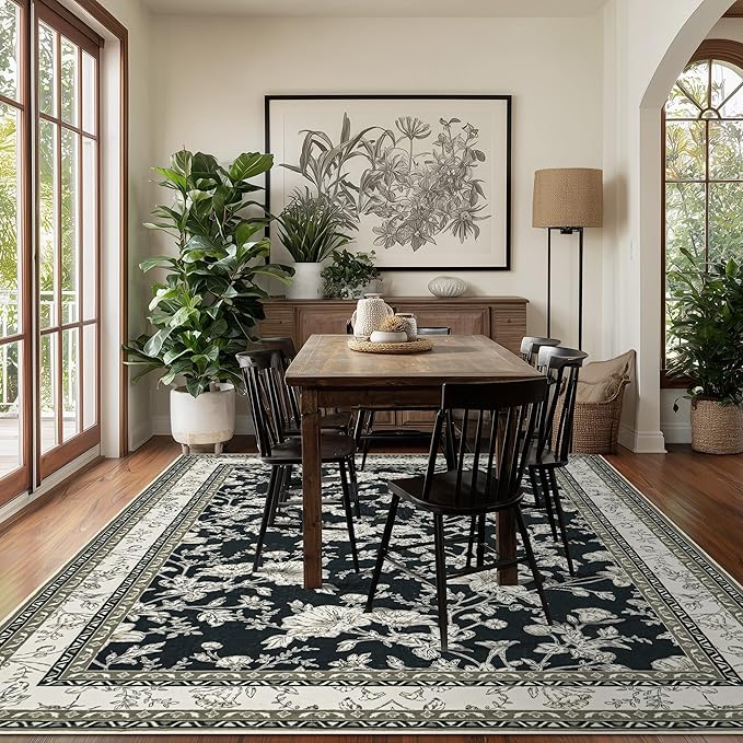 Black Floral Rug 5x7 Machine Washable Area Rug for Living Room Vintage Boho Farmhouse Low Pile Distressed Carpet for Dining Room, Bedroom Indoor Non-Slip Black Beige Taupe Flower Design Home Decor