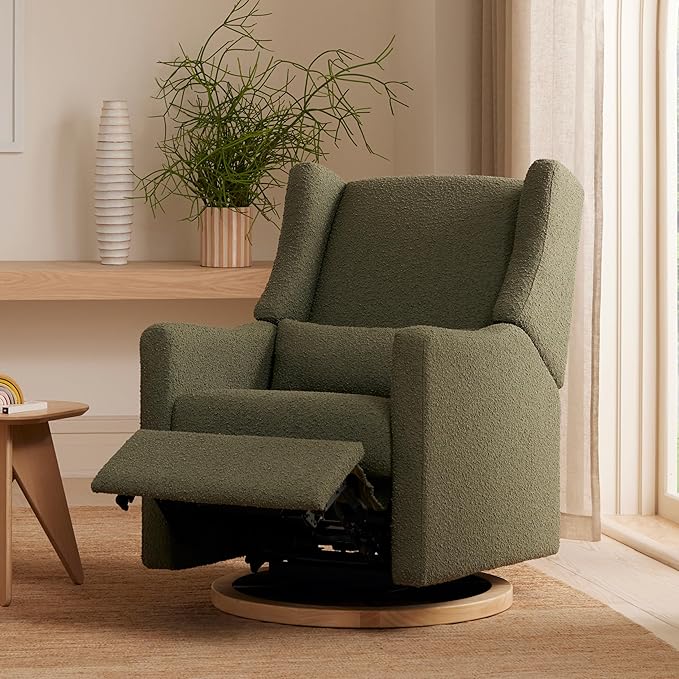 babyletto Kiwi Glider Recliner w/Electronic Control and USB | in Olive Boucle w/Light Wood Base, Greenguard Gold Certified