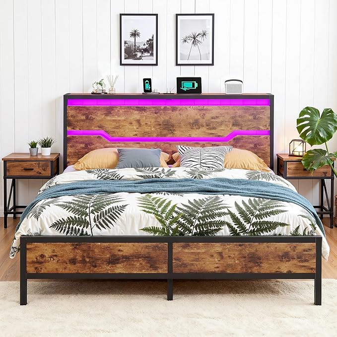 Full Size Bed Frame with LED Lights & Charging Station, Bed Frame Full with Headboard,13" Under Bed Storage, Noise-Free Heavy Duty Metal Support, Modern Brown