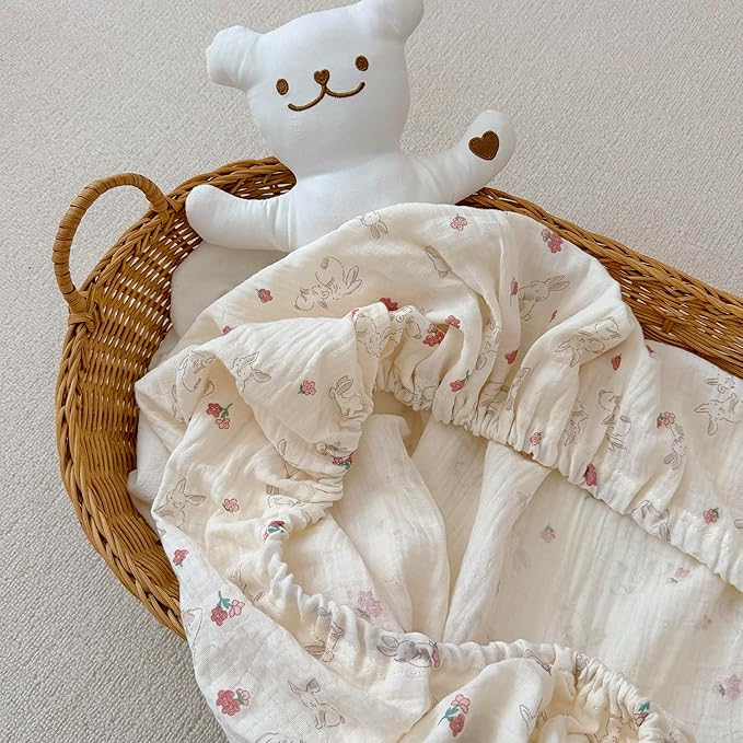 BuLuTu 100% Cotton Muslin Crib Sheets for Girls Boys, Soft Breathable Baby Sheets for 52"x28" Standard Crib Mattress, 2 Pack Toddler Fitted Sheets Nursery Decor, Forest & Rabbit