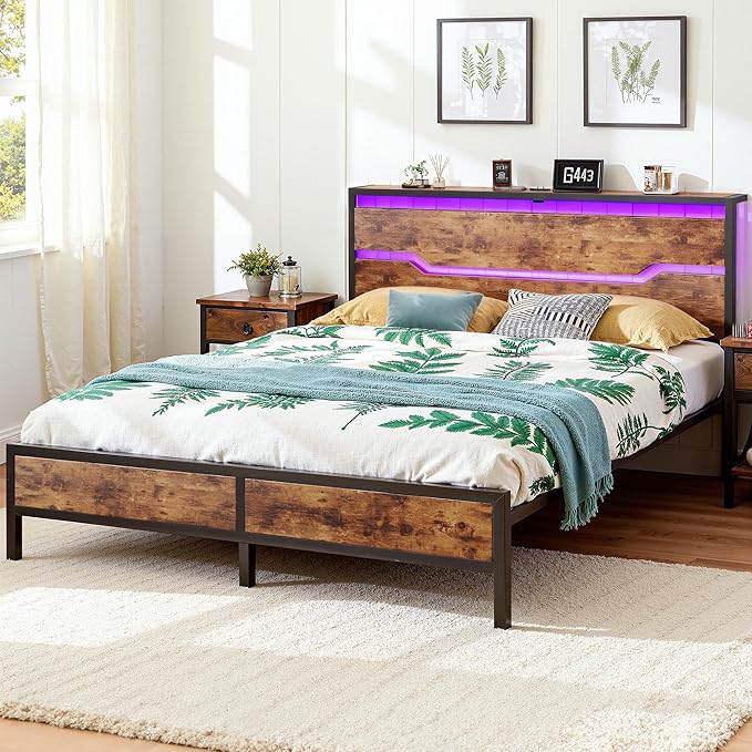King Size Bed Frame with LED Lights & Charging Station, King Bed Frame and Headboard,13" Under Bed Storage, Noise-Free Heavy Duty Metal Support, Modern Brown