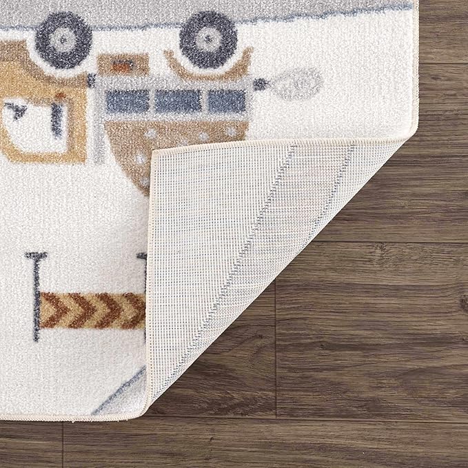Hauteloom Olwen Kids Room, Nursery, Playroom Machine Washable Area Rug - Road, Construction Vehicles - Cream, Light Gray - 6'7" x 9'