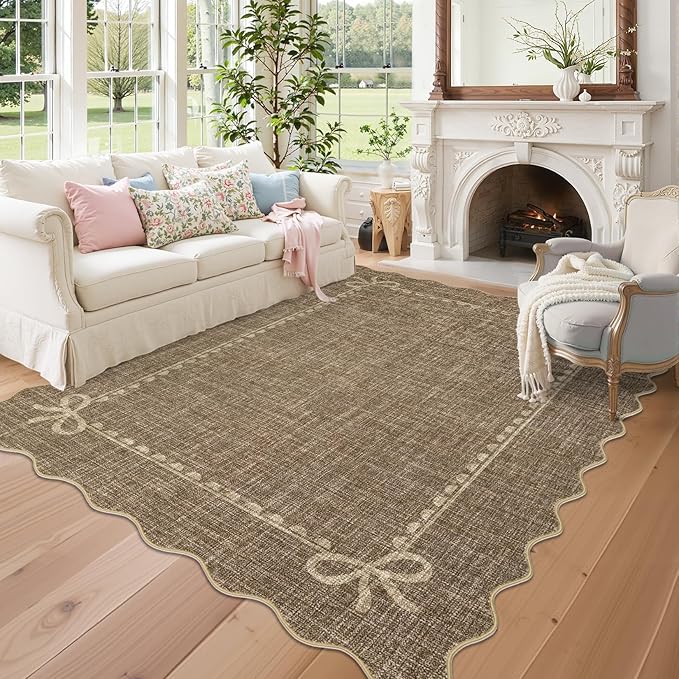 GarveeHome Scalloped Bow Rug for Living Room, Solid Brown Rug for Dorm, Washable Rugs 9x12 Soft Low Pile Non Slip Scalloped Rugs for Nursery College Bedroom Decor Kids Room Playroom