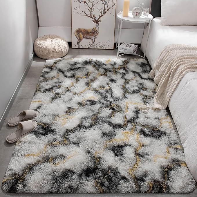 Meralax Tie-Dyed Gold and White Rugs for Living Room Bedroom, 4x6 Soft Area Rug Fluffy Shaggy Bedside Rug, Machine Washable Indoor Floor Carpet for Kids, Dorms, Nursery Rooms, Home Decor Aesthetic