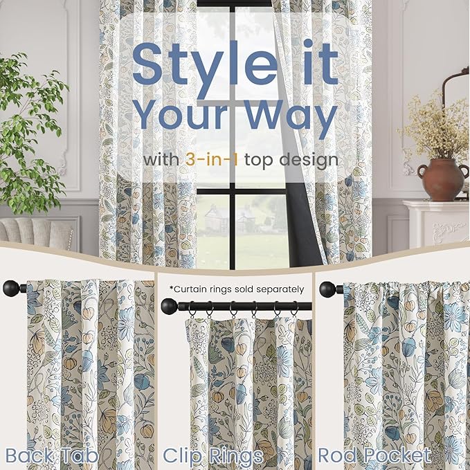Vangao Blue Nursery Curtains for Girls Room Floral Blackout Dorm Curtains 63 Inch Length Farmhouse Drapes for Bedroom Room Darkening Flower Patterned Window Treatment for Kids Set of 2