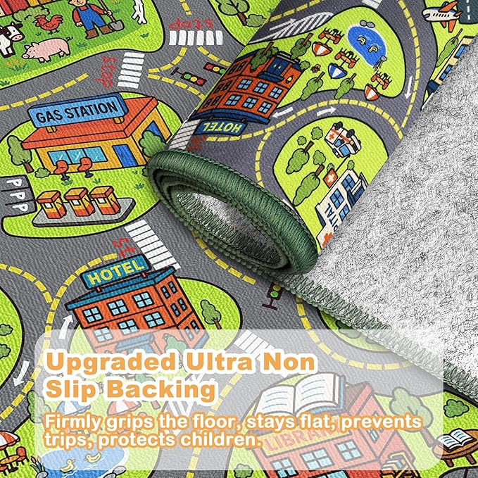 Upgrade Ultra Non Slip Kids Car Rug, Kids Road Playmat Rug for Toy Cars, Educational Town City Map Washable Carpet for Boys Playroom Bedroom, Safer Car Track Play Mat for Children Toddler, 100"x60"