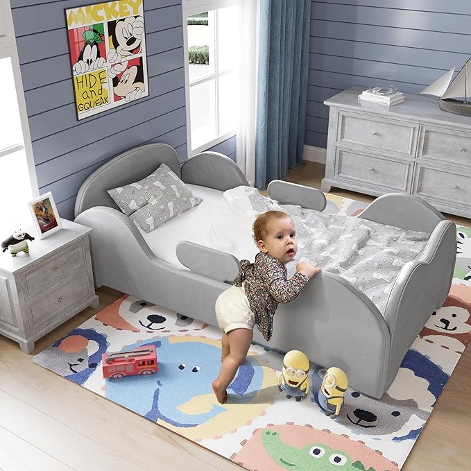 Toddler Bed, Toddler Flood Bed with Extra Safety Broad, Standard Crib Size for Kids, Certified Fabric Toddler Beds, Low to Floor Design (Grey)