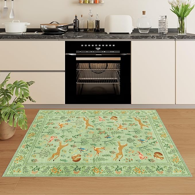 DUKINO 4x6 Rug, Washable Animal Area Rug with Non Slip Vintage Design, Indoor Soft Low Pile Carpet for Bedroom, Nursery, Dining Room, Farmhouse, Playroom, Light Green