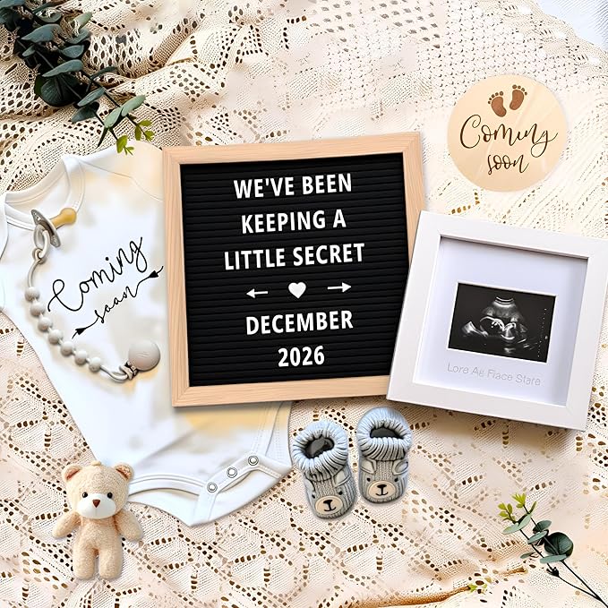 Pregnancy Announcement, Baby Announcement Ideas Set Include Felt Letter Board, Baby Onesie, Booties, Photo Frame, Wooden Sign and Bear Plush, Pregnancy Announcement Photo Props Coming Soon Baby Announcement
