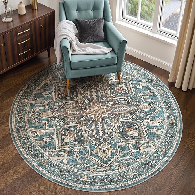 WITSHOCK 6Ft Teal Round Washable Area Rugs - Vintage Boho Distressed Oriental Farmhouse - Non Slip Low Pile Circle Carpet for Living Room Bedroom Kitchen Dining Room, Foldable Soft Pet Friendly Rug