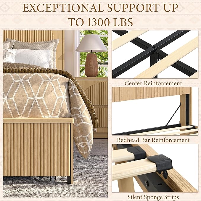 XIAOWEI Queen Size Bed Frame with 52.4" Tall Headboard 2 Storage Drawers,Fluted Sturdy Wooden Frame with Underbed Storage,No Box Spring Needed Platform Bed,Easy Assembly Low Profile Bed Frame,Natural