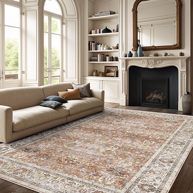 Deerly 6x9 Vintage Rugs for Dining Room, Washable Rugs Non Slip Large Area Rug for Living Room Bedroom Office, Floor Decoration Big Rug Mat Low-Pile Kid & Pet Friendly(Brick Red)