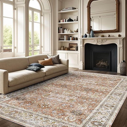 Deerly 6x9 Vintage Rugs for Dining Room, Washable Rugs Non Slip Large Area Rug for Living Room Bedroom Office, Floor Decoration Big Rug Mat Low-Pile Kid & Pet Friendly(Brick Red)