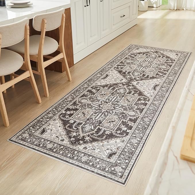 WITSHOCK 3x8 Kitchen Runner Rugs Black: Washable Rug Boho Soft Low Pile Stain Resistant Foldable Carpet for Bedroom Hallway Entryway Indoor Entrance Bedside, Vintage Distressed Farmhouse Rug, 36″x96″