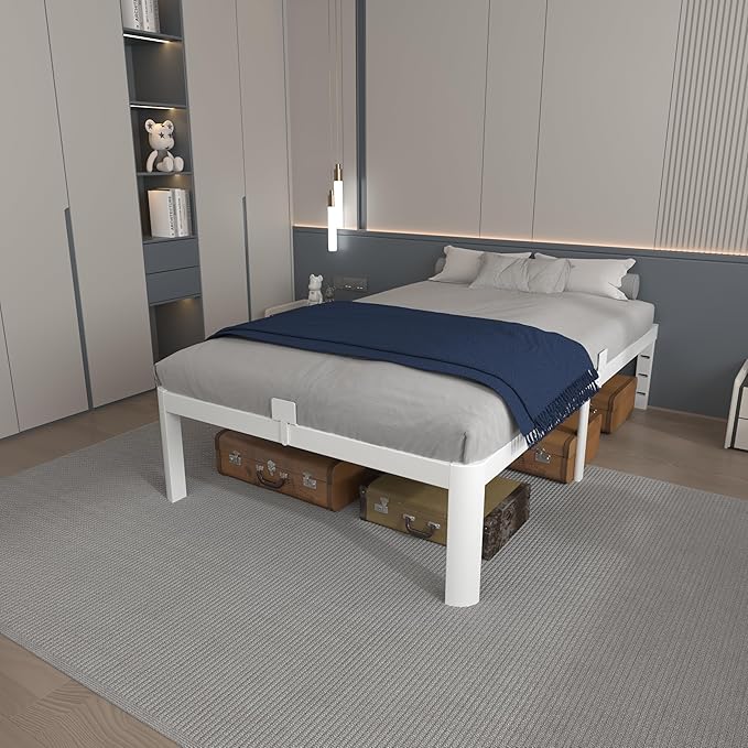 14 Inch Twin Bed Frames, White Bed Frame Twin Size with Metal Baffles, No Box Spring Needed, Heavy Duty Steel Platform Supprt, Rounded Corner Design, Reserved Holes, Noise Free, Storage Space