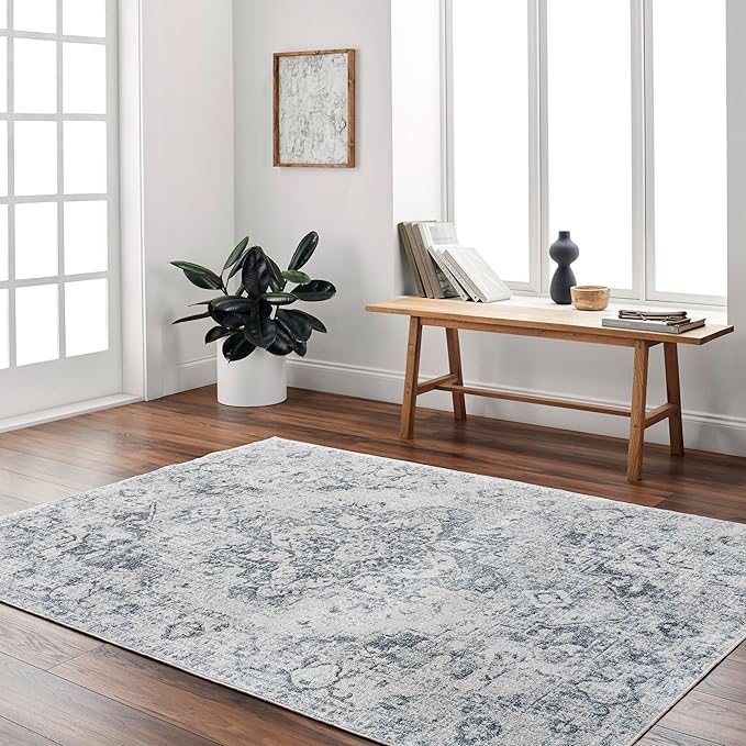 Mark&Day Washable Rugs, 9x12 Moya Traditional Navy Blue Area Rug, Blue Beige Grey Carpet for Living Room, Bedroom or Kitchen (9'2" x 12', Machine Washable)