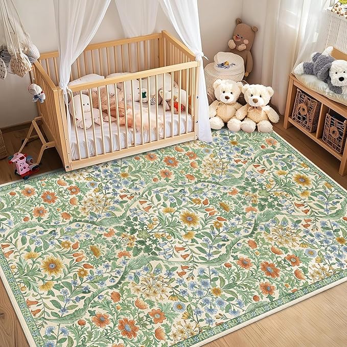 Floral Washable 6x9 Area Rug，Grass Green Boho Rugs for Living Room, Soft Low-Pile Non-Slip Stain Resistant & Non-Shedding Carpet for Bedroom, Dining Room, Office, Entryway, Nursery