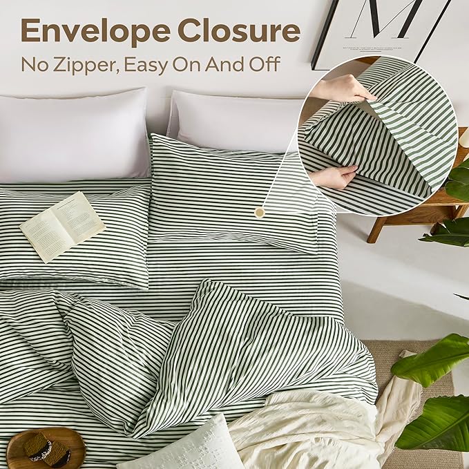 JELLYMONI 100% Natural Cotton 3pcs Striped Duvet Cover Sets,White Duvet Cover with Green Stripes Pattern Printed Comforter Cover,with Zipper Closure & Corner Ties(King Size)
