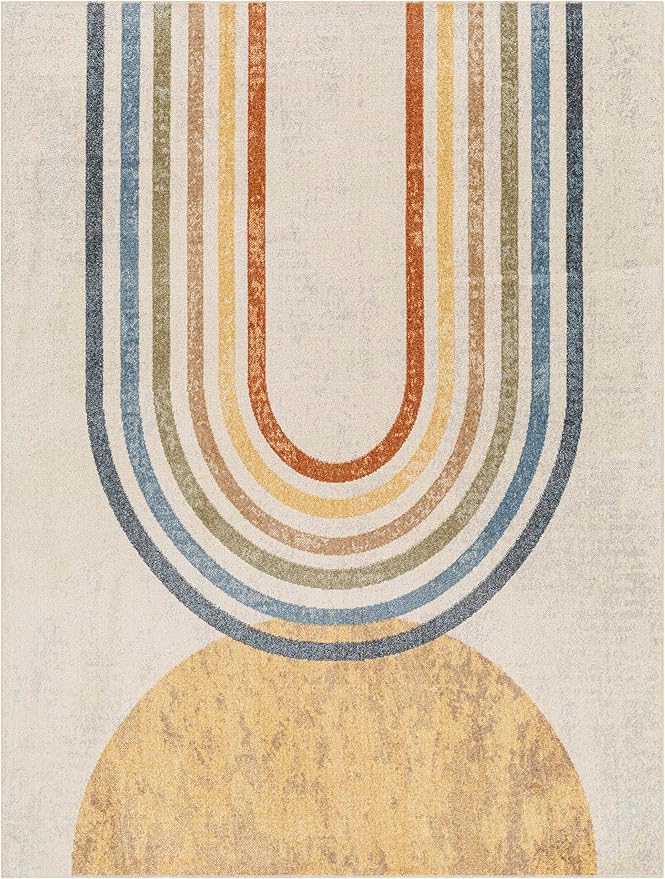 Mark&Day Washable Rugs, 7x9 Eliot Modern Beige Area Rug, Orange Blue Grey Carpet for Living Room, Bedroom or Kitchen (6'7" x 9', Machine Washable)