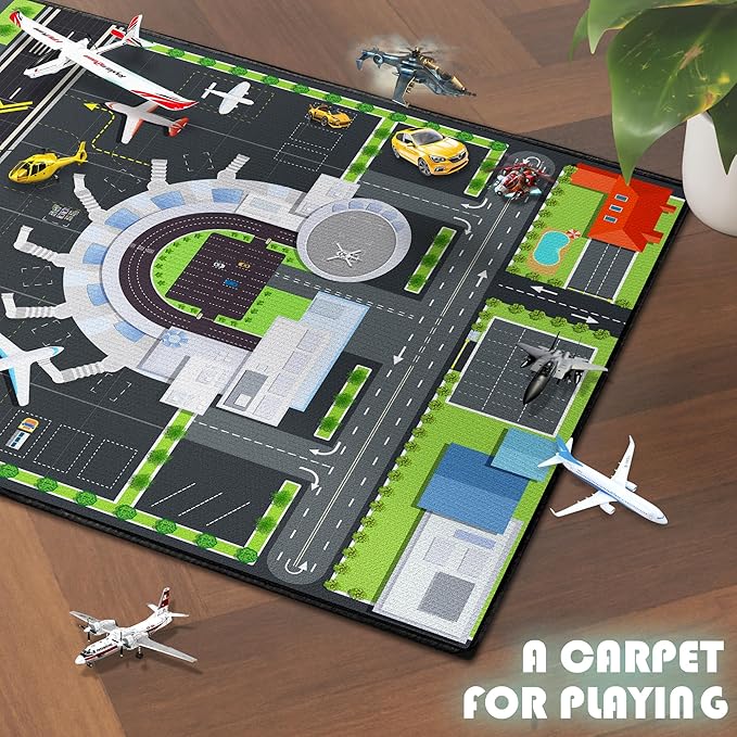 Play Rug for Playroom 59"x39" Airport Carpet for Kids Bedroom with Combined City Road Traffic System Aircraft Runway Playmat Rugs Carpet Non-Slip Washable Area Mat