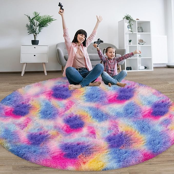 Fluffy 8 ft Large Round Pink Rainbow Area Rugs for Girls Bedroom, Colorful Soft Shaggy Circular Rug Plush Fluffy Big Carpet Fuzzy for Nursery Baby Room Playroom Cute Dorm Iving Room Home Decor