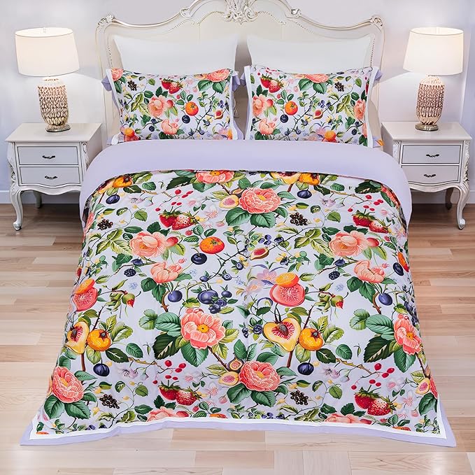 MAGRACE Fruit Floral Duvet Cover Set Queen Size - 3PC White Botanical Bedding in Washed Fiber – Orange Fig Berry Pattern with Corner Ties and Zipper – Vibrant Fall Garden Style