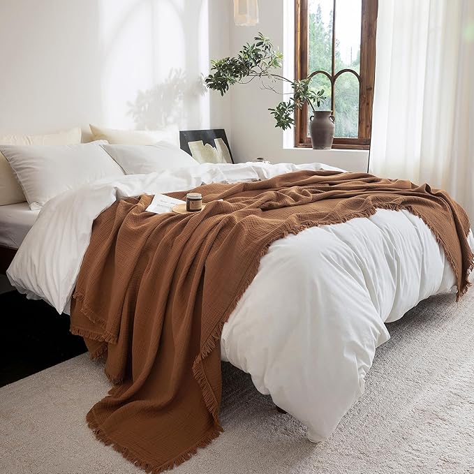 FOSSA Muslin Blanket with Fringe - 4-Layer 100% Cotton Gauze Super Soft & Breathable Throw -Lightweight Decorative Cooling Blanket for Bed, Sofa, Office (Dark Orange, King (104" × 90"))