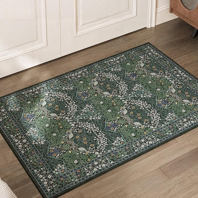 2x3 Washable Dark Green Floral Area Rug for Living Room, Non-Slip Soft Floral Print Vintage Boho Carpet, Forest Green Low Pile Rugs for Bedroom, Dining Room, Indoor Decor