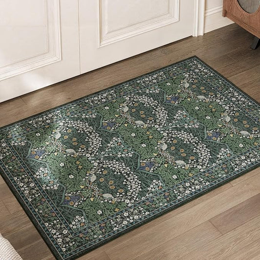 2x3 Washable Dark Green Floral Area Rug for Living Room, Non-Slip Soft Floral Print Vintage Boho Carpet, Forest Green Low Pile Rugs for Bedroom, Dining Room, Indoor Decor