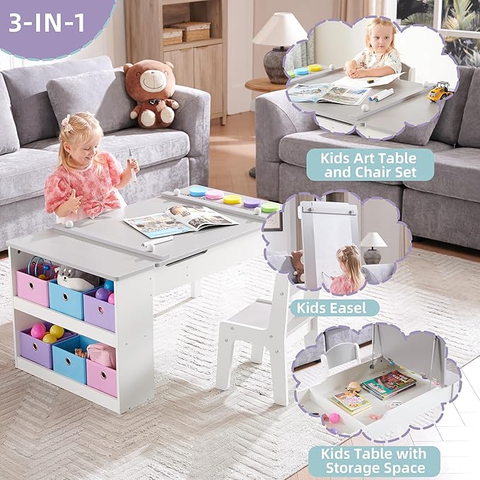 Kids Art Table and Art Easel Table & 2 Chair Set, 2 in 1 Toddler Craft and Play Wood Activity Table with Storage Bins and Paper Roll (Grey & White)