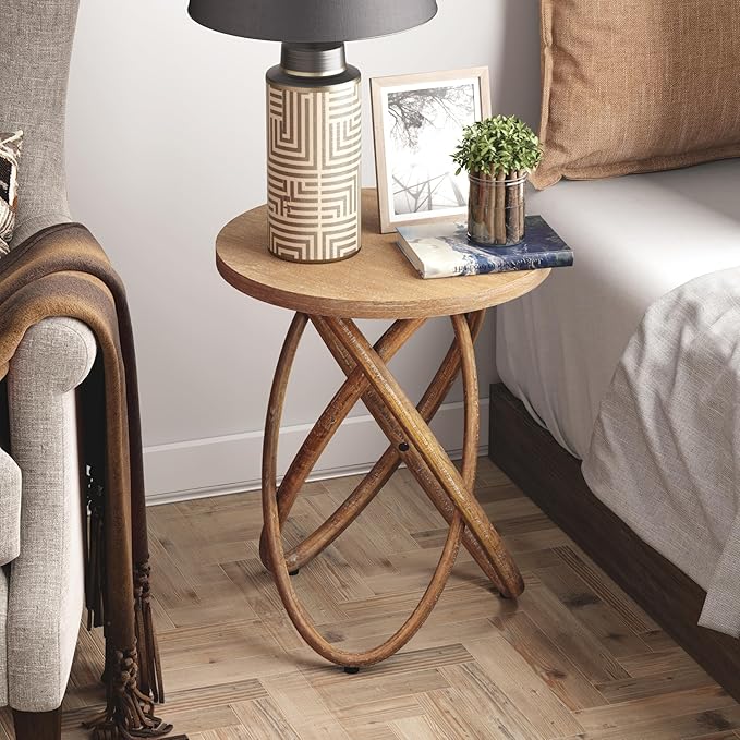 COZAYH Round End Table Farmhouse Wood Side Table Rustic Plant Stand with Intertwined Line Design for Living Room, Office, Walnut