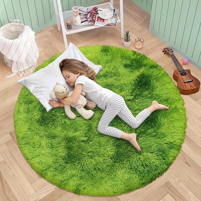 4 ft Fluffy Green Grass Area Rugs for Bedroom,Tie Dyed Plush Circle Rug Shag Round Carpet Fuzzy for Living Room Baby's Toddler's Boys Girls Room Kids Playroom Nursery Decor Aesthetic