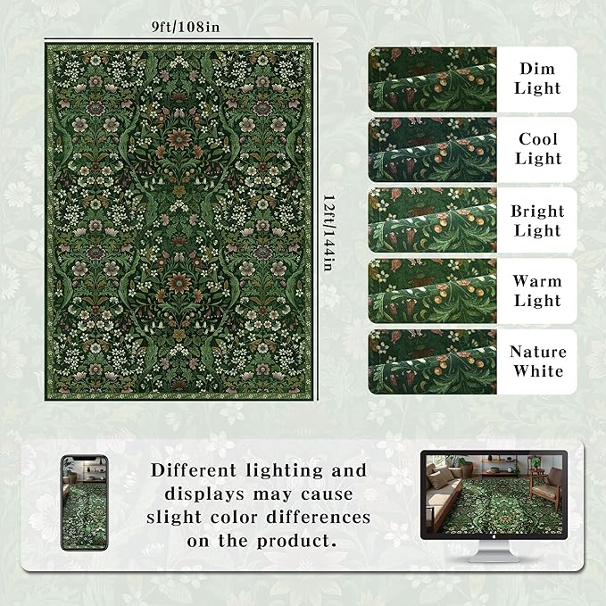 9x12 Dark Green Vintage Floral Area Rug,Washable Large Boho Living Room Rugs,Botanical Print Non-Slip Stain Resistant Lightweight Carpet for Bedroom Dining Room Nursery