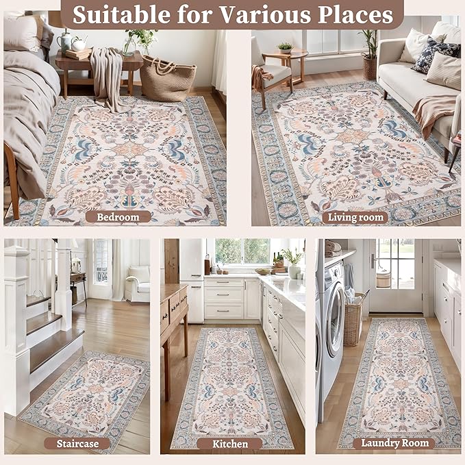 Tangsoo 5x7 Washable Area Rug, Non Slip Boho Persian Floral Rug for Living Room Bedroom, Vintage Neutral Soft Low Pile Floor Indoor Carpet for Bathroom Office Laundry Kid & Pets Friendly Home Decor