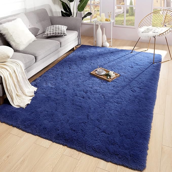 Merelax Soft Modern Indoor Large Shaggy Rug for Livingroom Bedroom Dorm Kids Room Home Decorative, Non-Slip Plush Fluffy Furry Fur Area Rugs Comfy Nursery Accent Floor Carpet 6x9 Feet, Light Navy