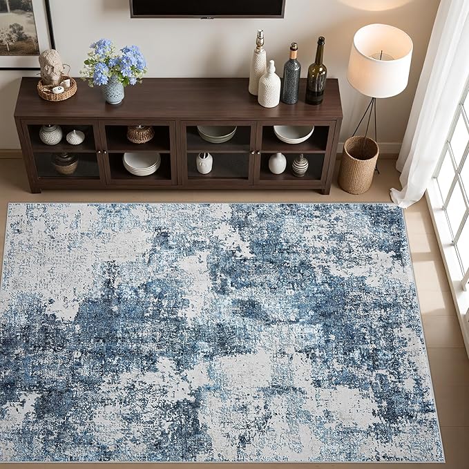4x6 Rugs for Living Room Bedroom: Soft Washable Rug with Anti-Slip Backing Low Pile Non-Shedding Stain-Resistant Abstract Large Area Rug for Dining Room Nursery Entryway Home Office- Blue