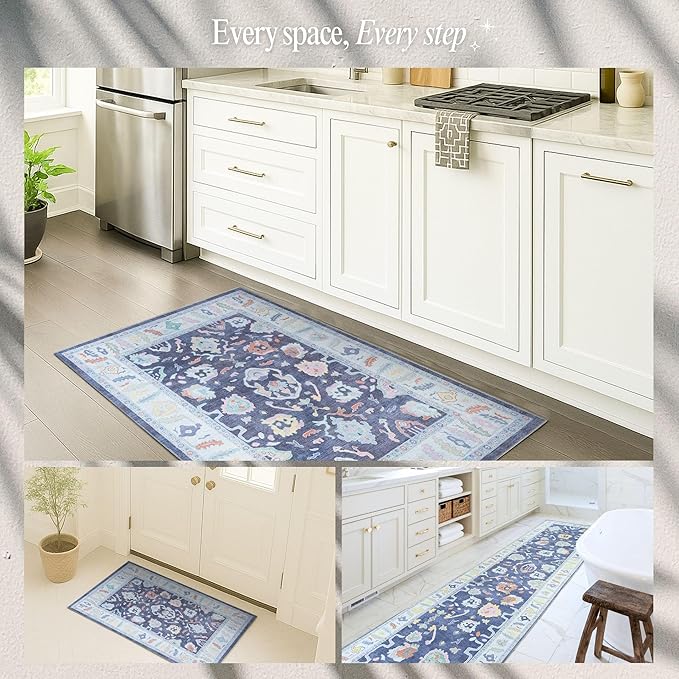 Fame Rugs Navy Blue Modern Oushak Rug 3x5, Washable Vintage Turkish Colorful Oriental Antique Inspired Foldable Small Area Rugs, Luxury Living Room Bedroom (388NB, 2'6" x 5')