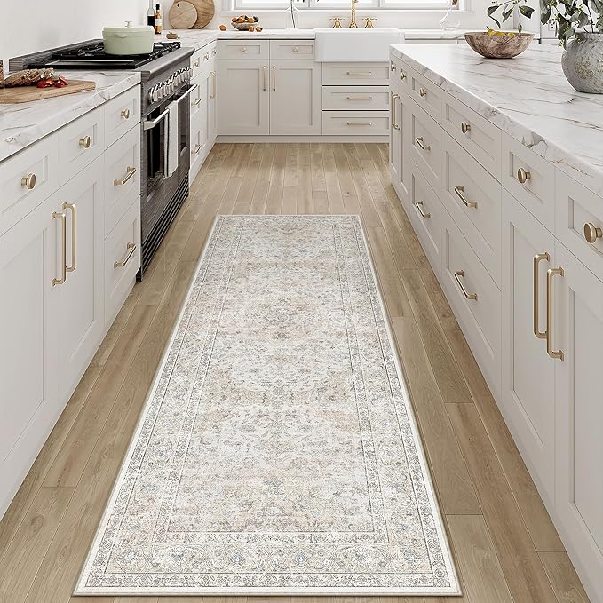 2x6 Washable Vintage Runner Rug for Living Room Bedroom Beige Grey Soft Tranditional Non Slip Runner Rug Lightweight Floral Low Pile Distressed Runner Kitchen Hallway Bedroom