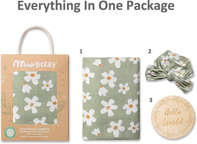 Miaoberry Daisy Garden Spring Floral Muslin Swaddle Set for Baby Girl|100% Organic Cotton Blanket with Matching Bow|Boho Indie Vintage Sage Green|Hospital Receiving Blanket